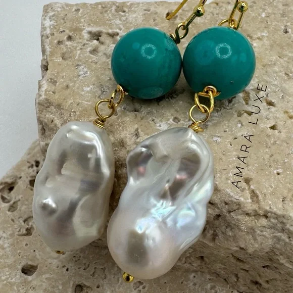 Turquoise & Keshi Baroque Pearl Dangles - Picture 3 of 9